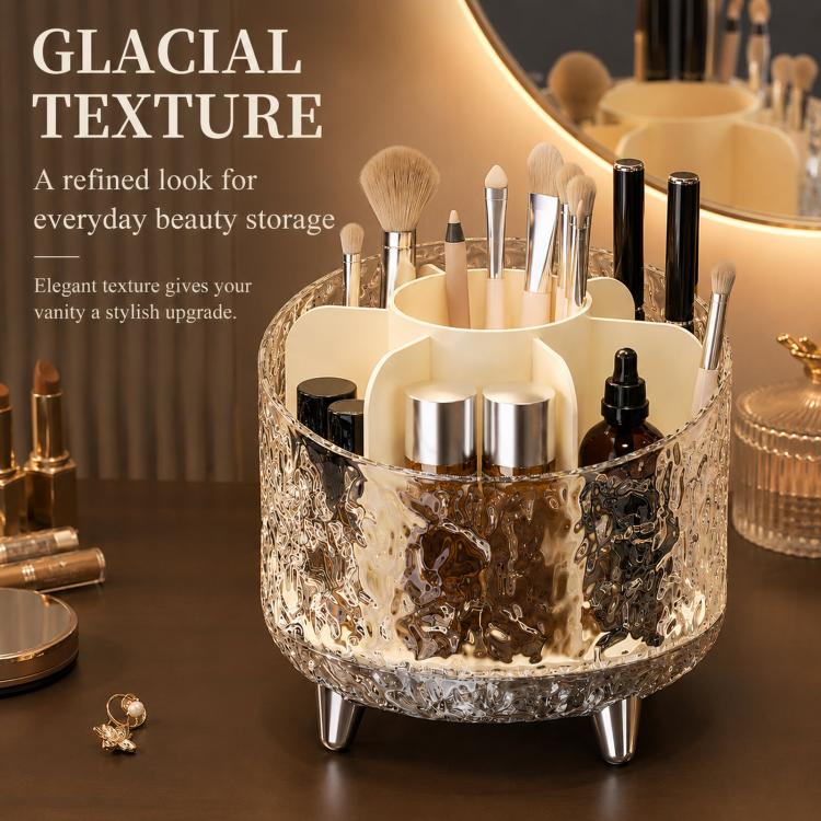 Glacial texture makeup organizer with cream interior slots and open central brush holder