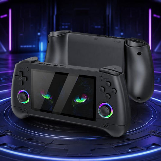 Black portable handheld game console with front screen, joystick and action buttons