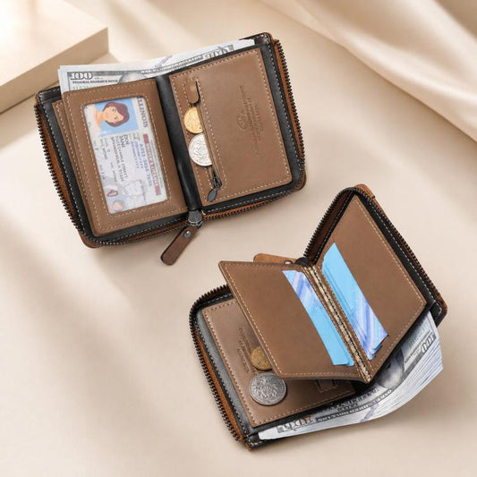 Brown bifold zipper wallet open view with card slots, ID window, and coin pouch