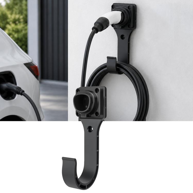 EV charging cable hook bracket with wall mount, black cable plug holder