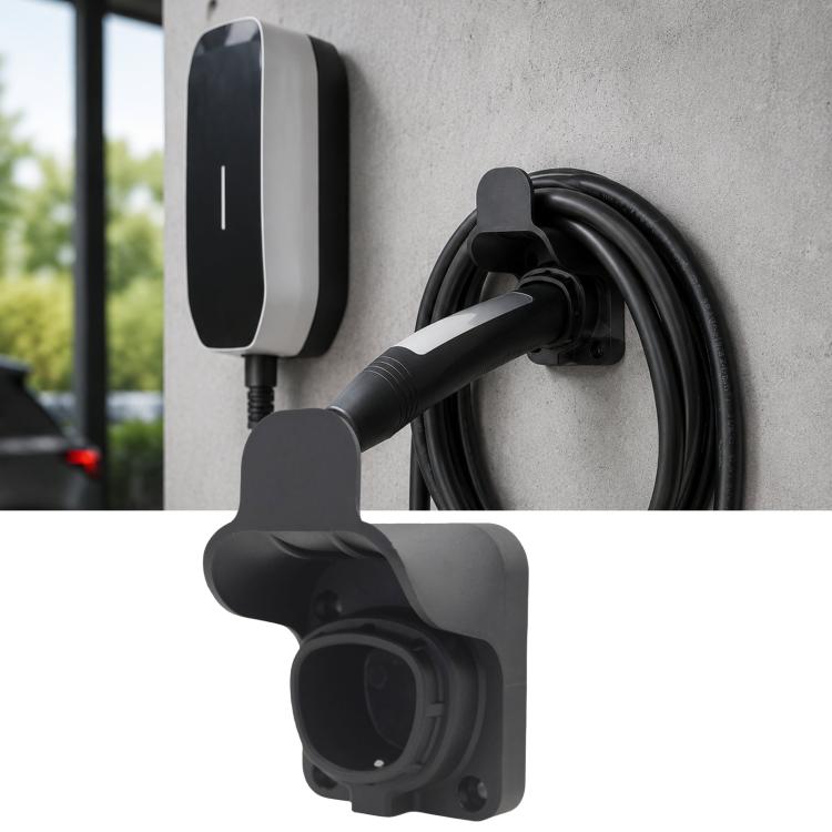 Tesla NACS EV charging cable holder wall mount, black socket with hinged cover