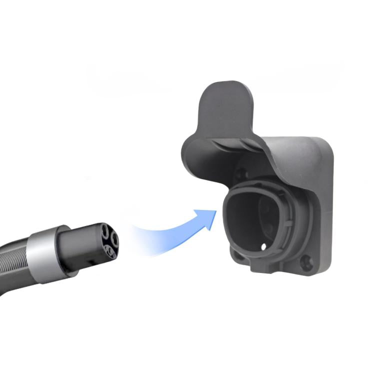 Tesla NACS EV charging cable holder with open socket receiving a plug