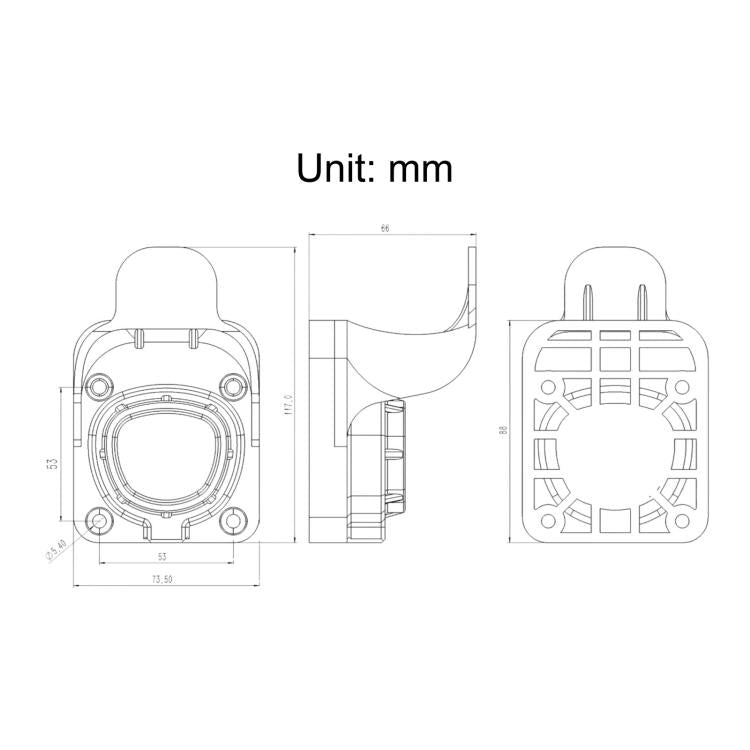 EV charging cable holder dimension diagram with front and side views