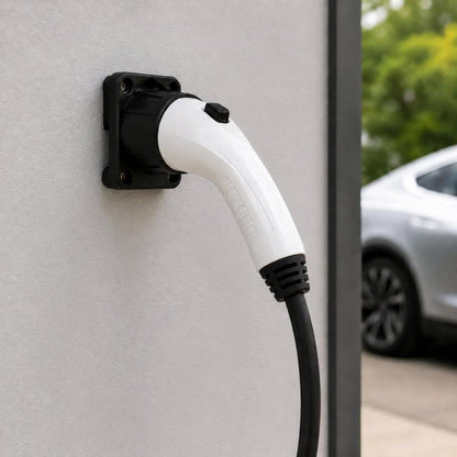 Type 2 EV charging head holder bracket with black wall mount and attached cable