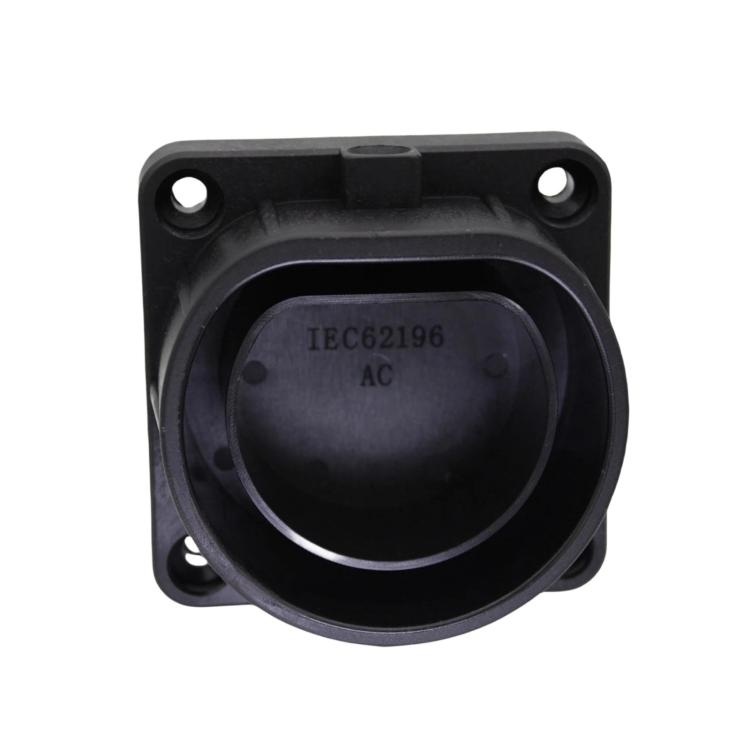 Type 2 EV charging head holder bracket, black front circular inlet with mounting holes