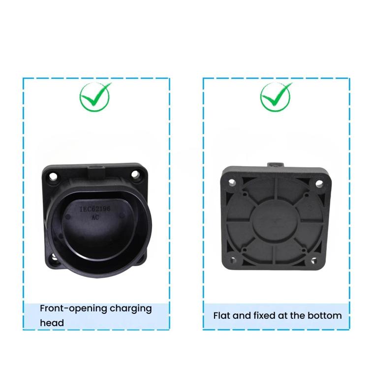Type 2 EV charging head holder bracket, front-opening and back-fixed views