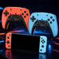 Orange and light-blue game controllers with a handheld console screen in front