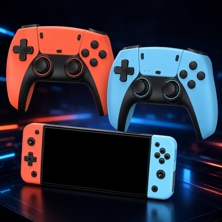 Orange and light-blue game controllers with a dark screen handheld console