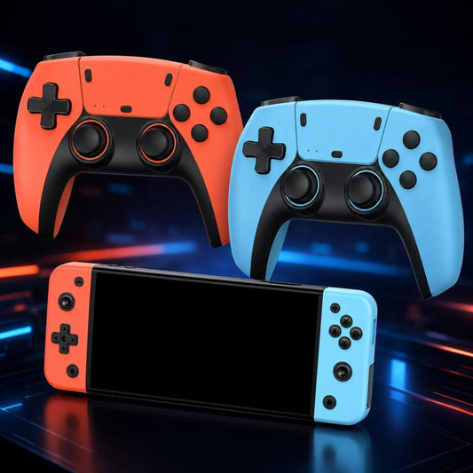 Orange and light-blue game controllers with a dark screen handheld console