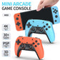 Mini arcade game console with orange and light-blue controllers, blue unit held