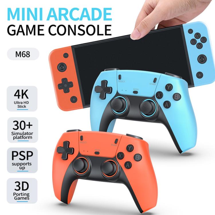 Mini arcade game console with orange and light-blue controllers, blue unit held