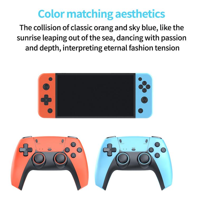 Orange and light-blue handheld game console controllers with matching grips