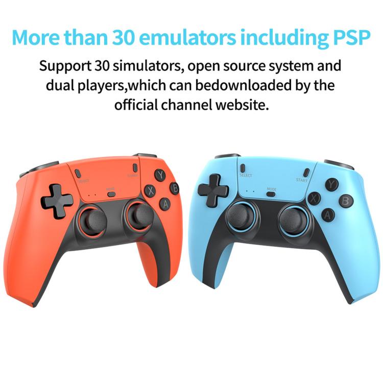 Orange and light-blue game controllers shown side by side with dual sticks