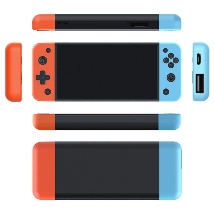Handheld game console with blue screen and orange controller sides