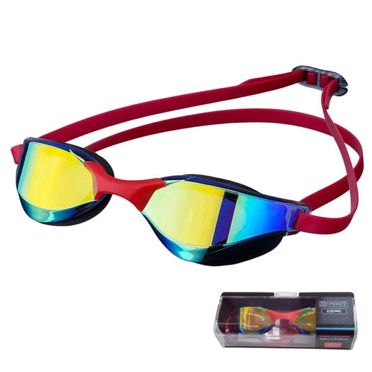 Red swim racing goggles with reflective yellow-blue lenses and anti-fog coating