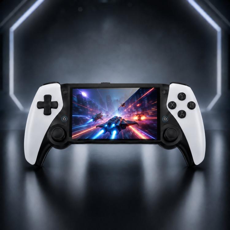 Handheld game console with dual controller grips and HD touchscreen