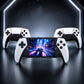 Handheld game console with screen and two additional controllers in white
