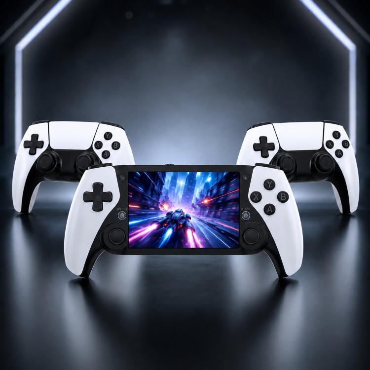 Handheld game console with screen and two additional controllers in white
