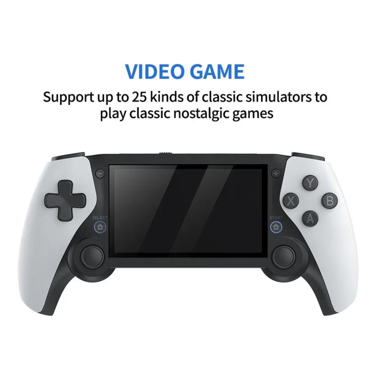 Handheld game console with black touchscreen and white controller buttons