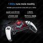 Handheld game console with two white controllers, black handheld with screen and thumbsticks