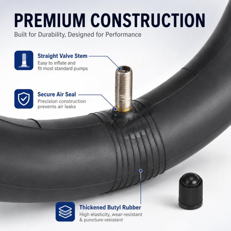 Close-up of black inner tube with straight valve stem and reinforced seam lines