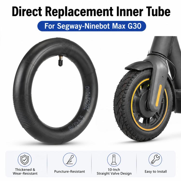 Black inner tube ring with straight valve stem, shown alongside a scooter wheel