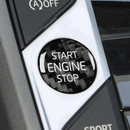 Round engine start/stop button sticker, black carbon pattern with white “START ENGINE STOP” text