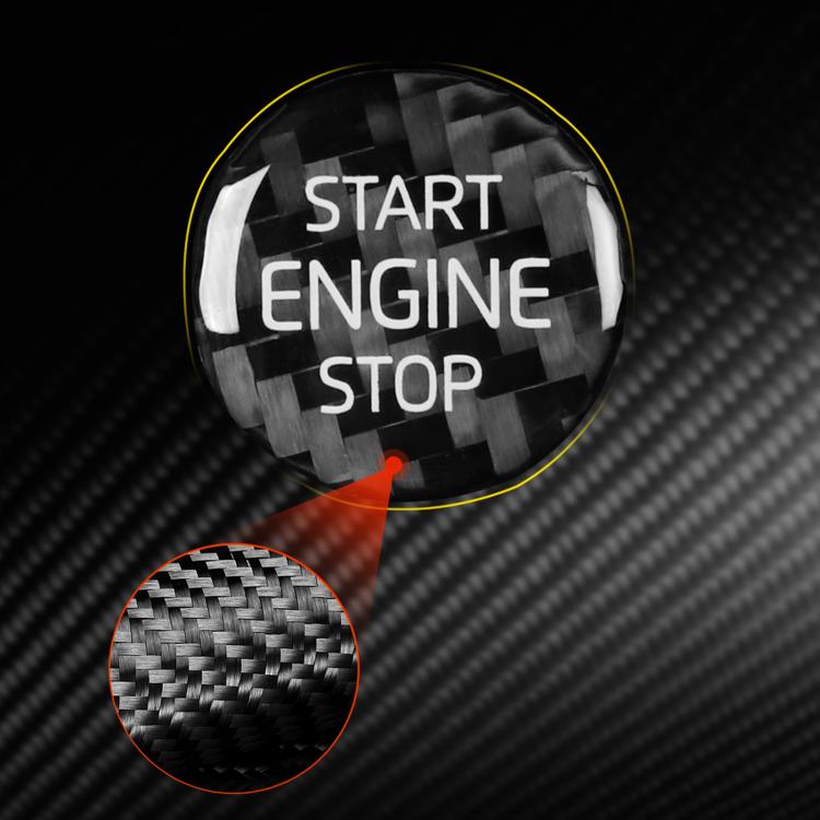 Round engine start/stop sticker with black carbon pattern, yellow outline, white “START ENGINE STOP”