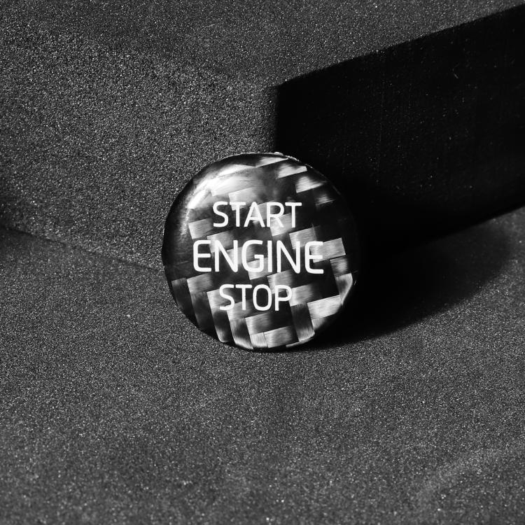 Round engine start/stop sticker, black carbon plaid with white “START ENGINE STOP” text