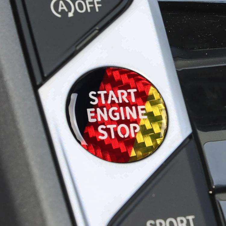 Round engine start/stop sticker, red carbon pattern with yellow accents and white “START ENGINE STOP”