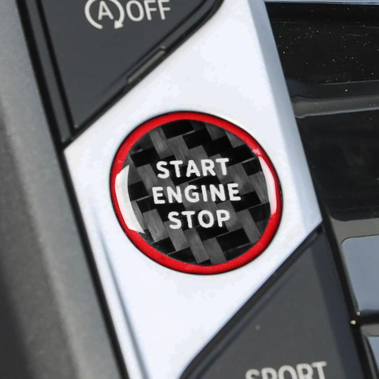 Round engine start/stop sticker with red border ring and black carbon plaid, white “START ENGINE STOP”