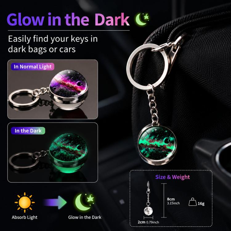 Glow-in-the-dark galaxy crystal ball keychain with silver keyring and chain.