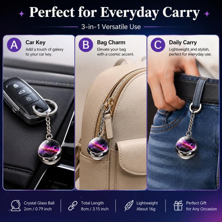 Galaxy crystal ball keychain with silver keyring and chain shown on keys and bags.