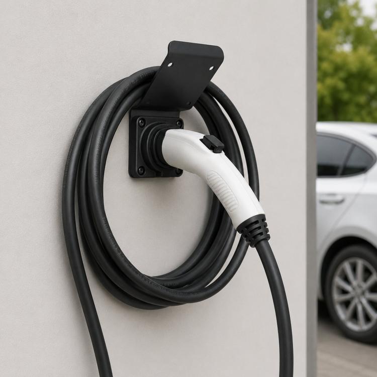 Wall-mounted EV charging cable holder bracket with NACS connector slot, black