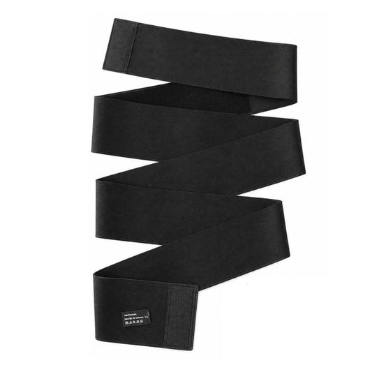 Black long wrap belt with adjustable hook-and-loop fastener, folded in layered bands.