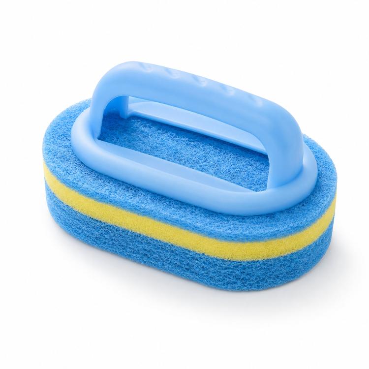 Blue handled scrub sponge with blue and yellow stacked scouring layers
