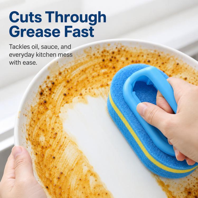 Blue handled scrub sponge over a dirty skillet with food residue