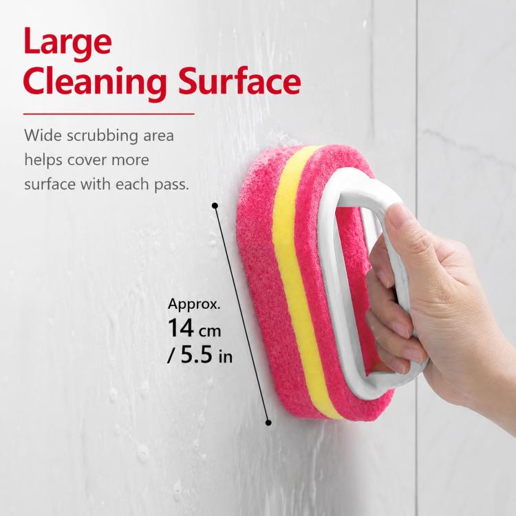 Pink and yellow scrub sponge brush with blue handle, wiping a wall