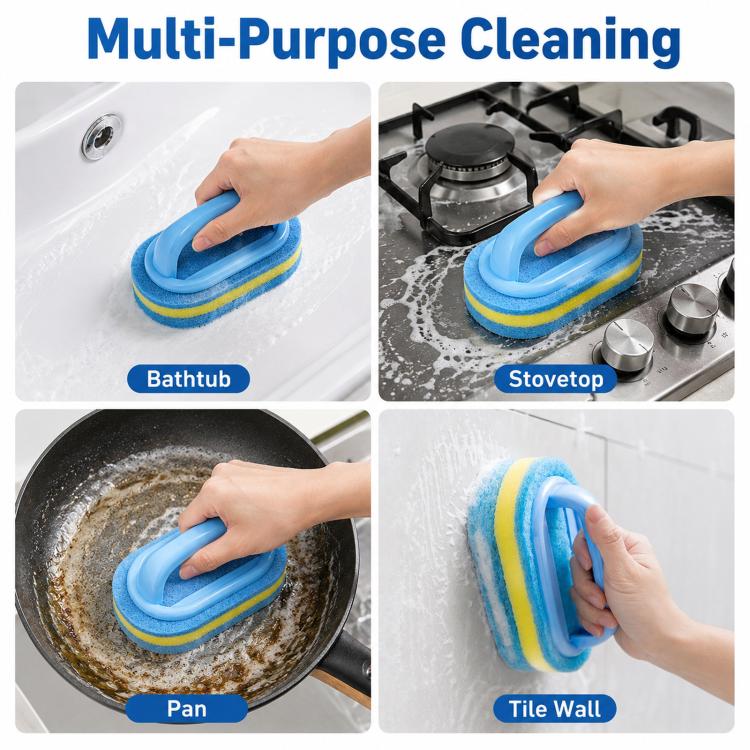 Multi-purpose scrub sponge brush with blue handle and blue-yellow layers on surfaces