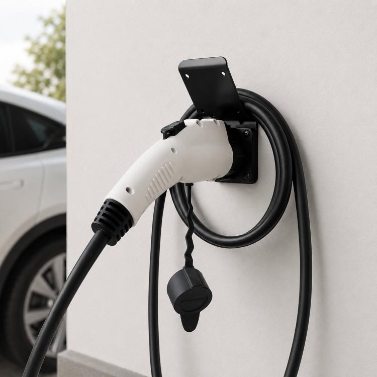 J1772 EV charging cable holder bracket holding white connector and black cable.