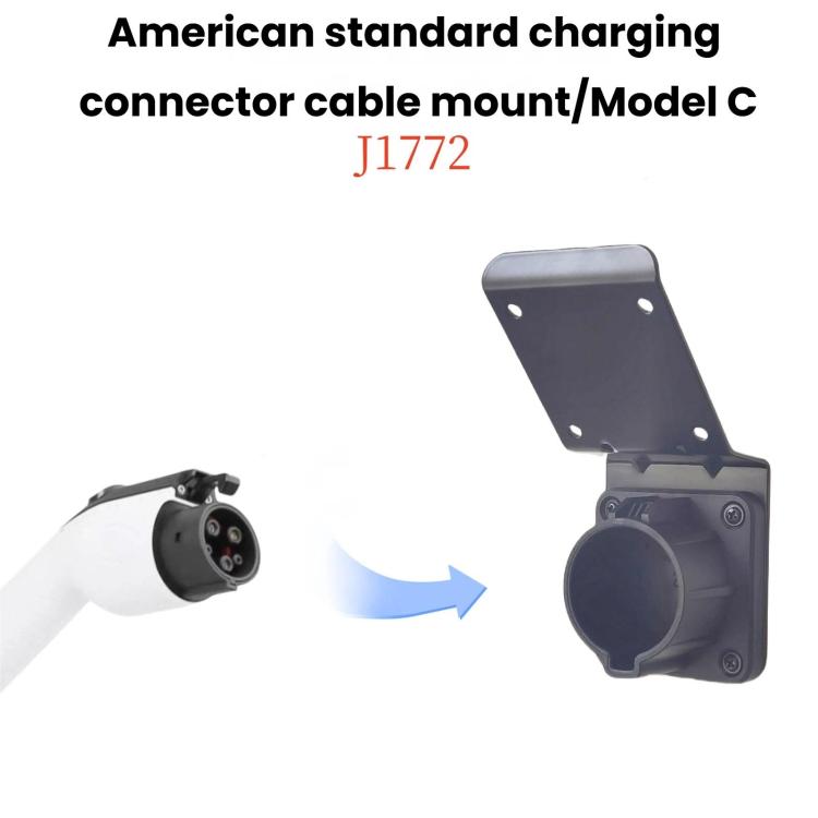 J1772 EV charging connector cable mount holder with angled bracket and port opening.