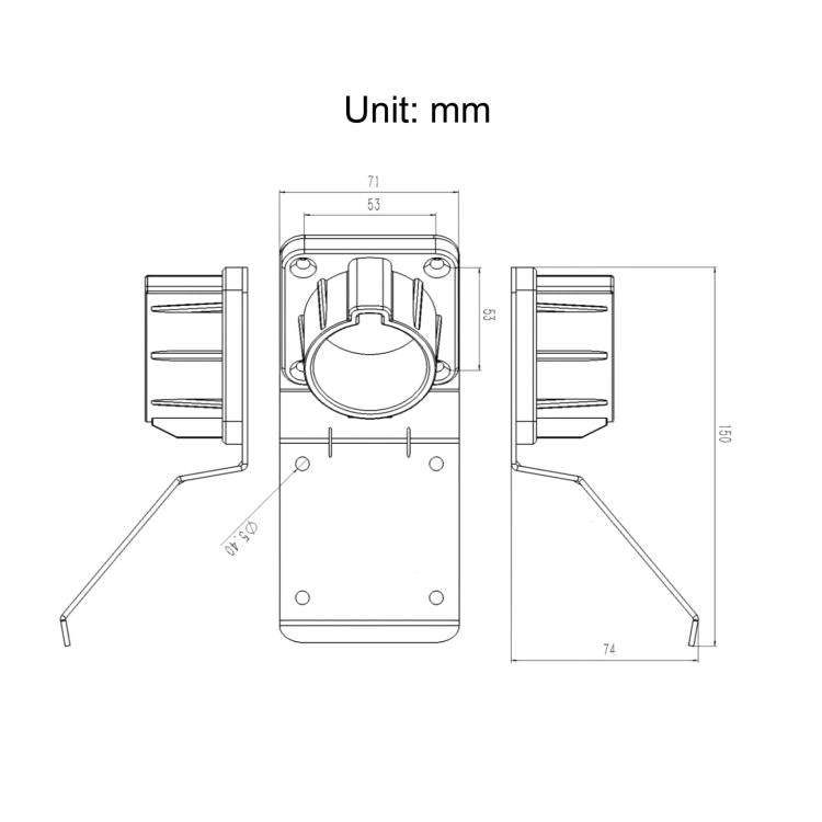 J1772 EV charging cable holder line drawing with mm dimensions and mounting holes.
