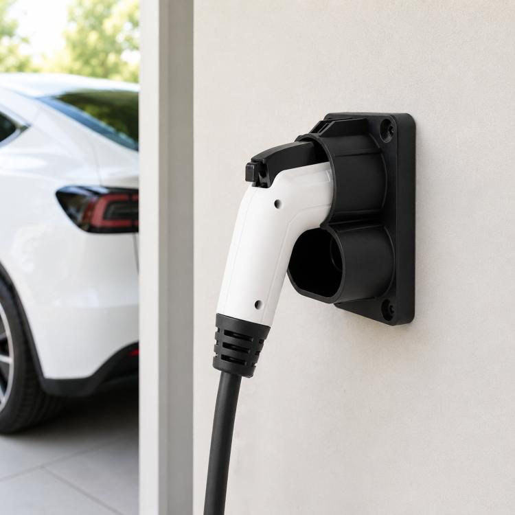 CCS1 DC EV charging connector bracket with black wall mount and white plug holster