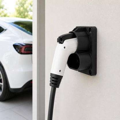 CCS1 DC EV charging connector bracket with black wall mount and white plug holster