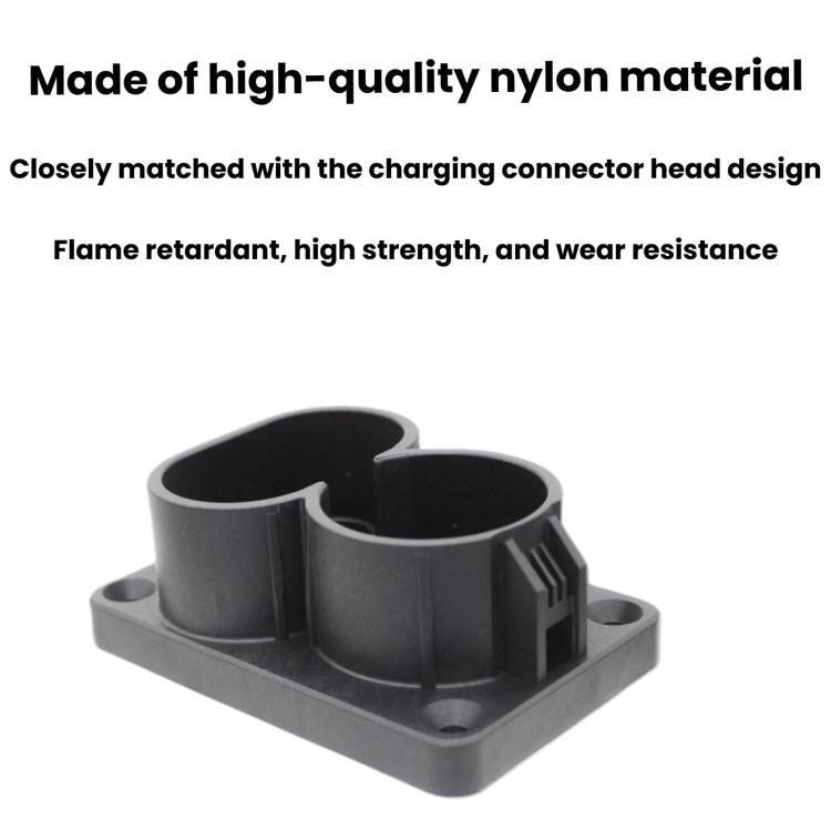 Black CCS1 DC EV charging connector holder with recessed channels on base plate