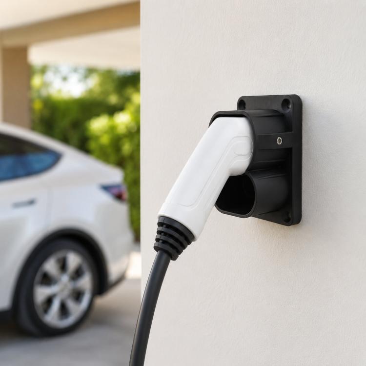 Black EV charging connector bracket with mounted socket and cable plug