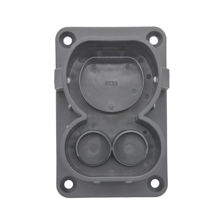 Gray CCS2 charging connector wall bracket with front opening and mounting holes