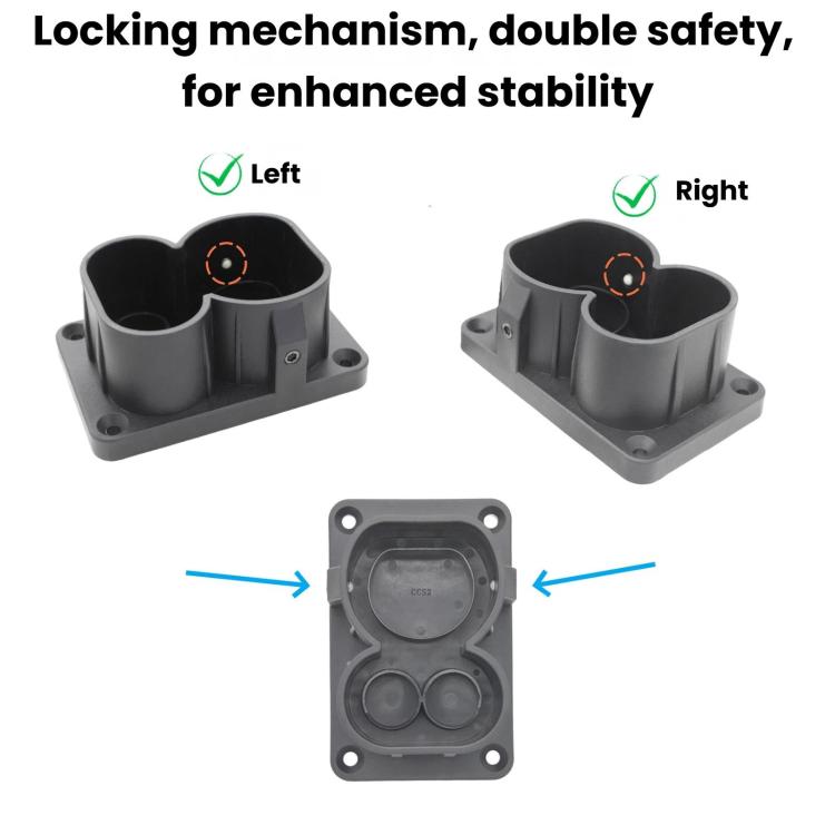 Gray charging connector holder bracket with locking mechanism shown from angles
