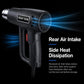 Black electric heat gun with side handle and metal nozzle blowing hot air
