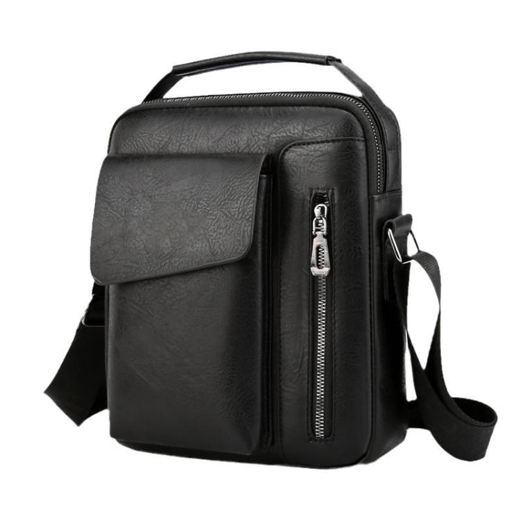 Men's vintage crossbody shoulder bag in black with flap front and vertical zipper pocket